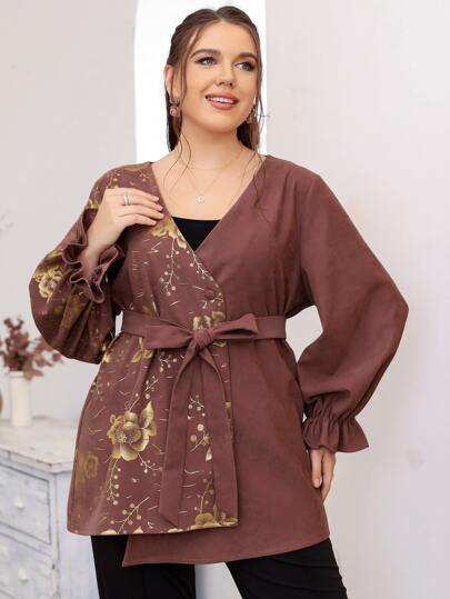 Lacomfia Plus Floral Print Flounce Sleeve Asymmetrical Hem Belted Corduroy Coat