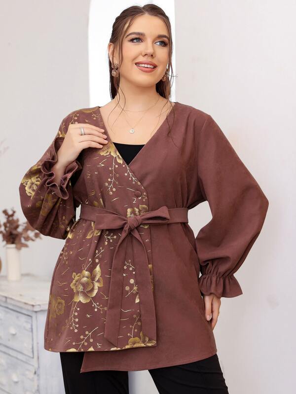 Lacomfia Plus Floral Print Flounce Sleeve Asymmetrical Hem Belted Corduroy Coat