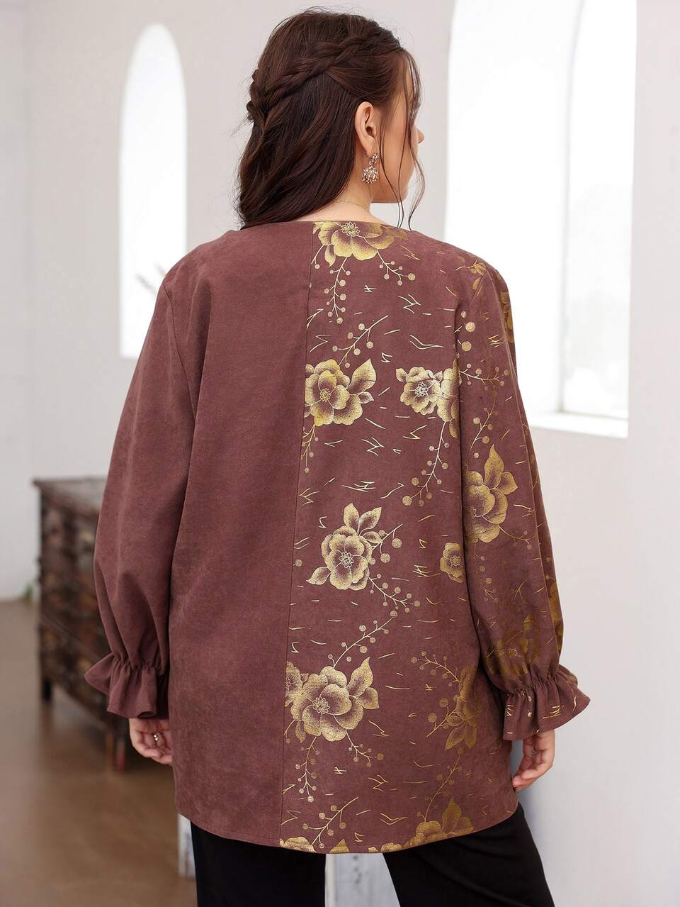 Plus Floral Print Flounce Sleeve Asymmetrical Hem Belted Corduroy Coat