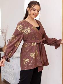 Lacomfia Plus Size Outerwear Asimetris Berikat Bunga Casual - Redwood - View 3