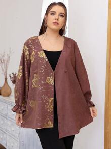 Lacomfia Plus Size Outerwear Asimetris Berikat Bunga Casual - Redwood - View 4