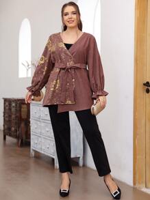 Lacomfia Plus Size Outerwear Asimetris Berikat Bunga Casual - Redwood - View 5