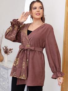 Lacomfia Plus Size Outerwear Asimetris Berikat Bunga Casual - Redwood - View 6