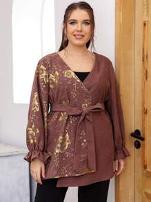 Lacomfia Plus Size Outerwear Asimetris Berikat Bunga Casual - Redwood - View 7