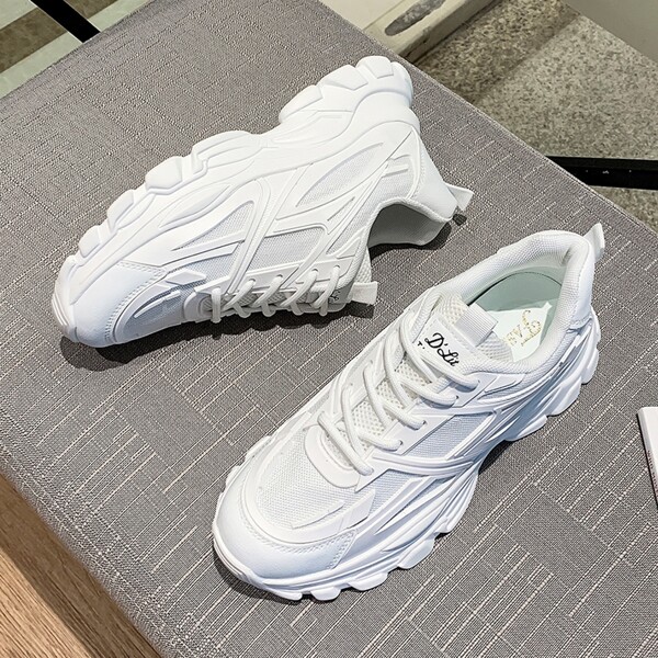 

Knit Detail Breathable Lace-up Front Chunky Sneakers, White