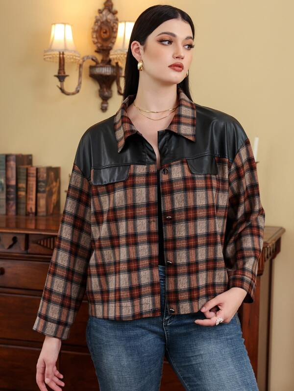 Mulvari Plus Tartan Print Button Front Drop Shoulder Jacket