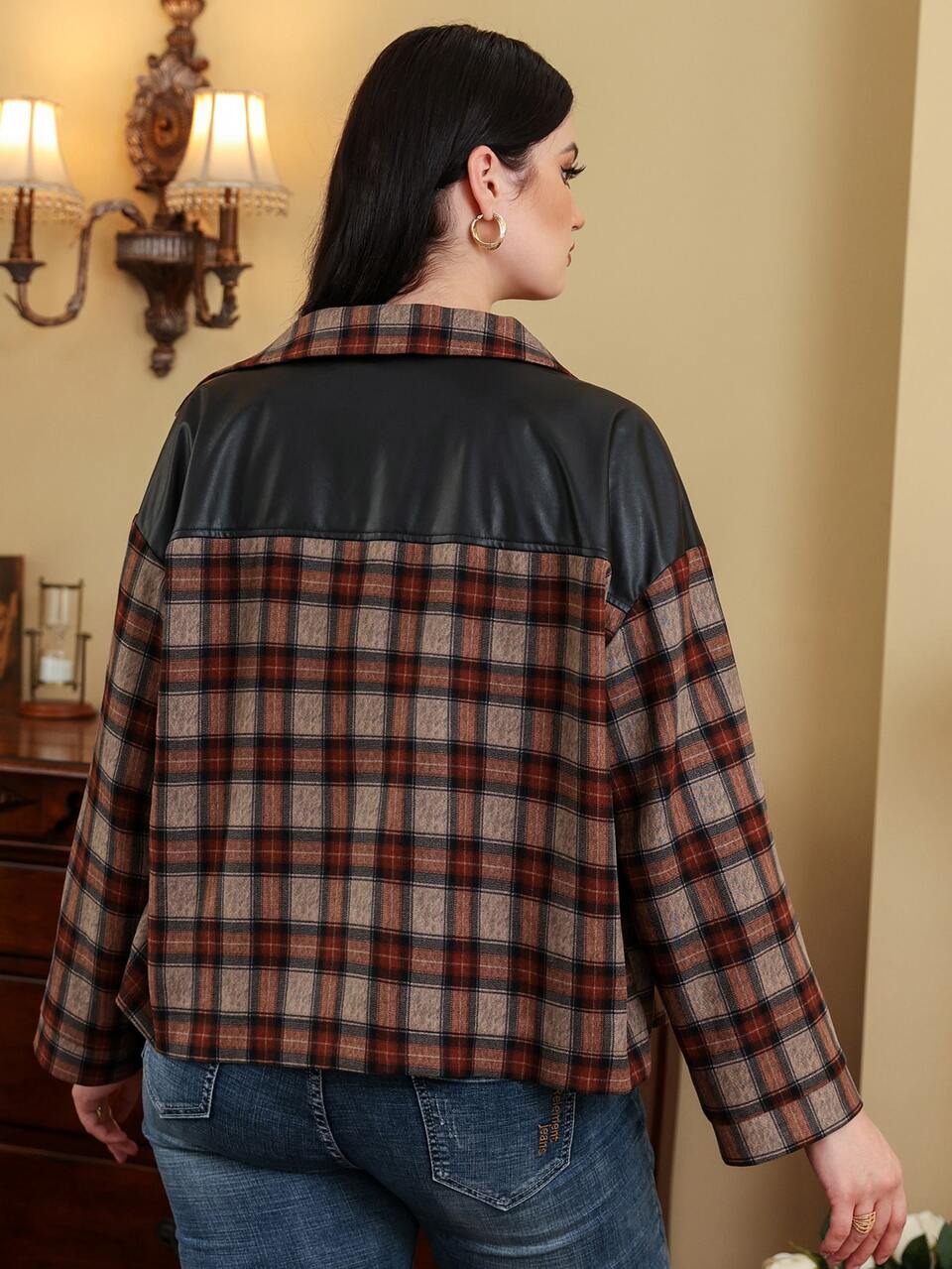 Plus Tartan Print Button Front Drop Shoulder Jacket