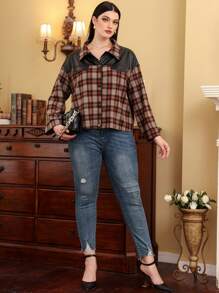 Mulvari Plus Tartan Print Button Front Drop Shoulder Jacket - Multicolor - View 3