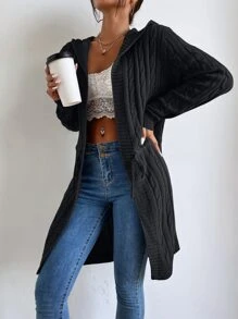 Chiquease Cable Knit Drawstring Hooded Cardigan,Long Sleeve Tops Fall Winter Cloth For Women - Black - View 1