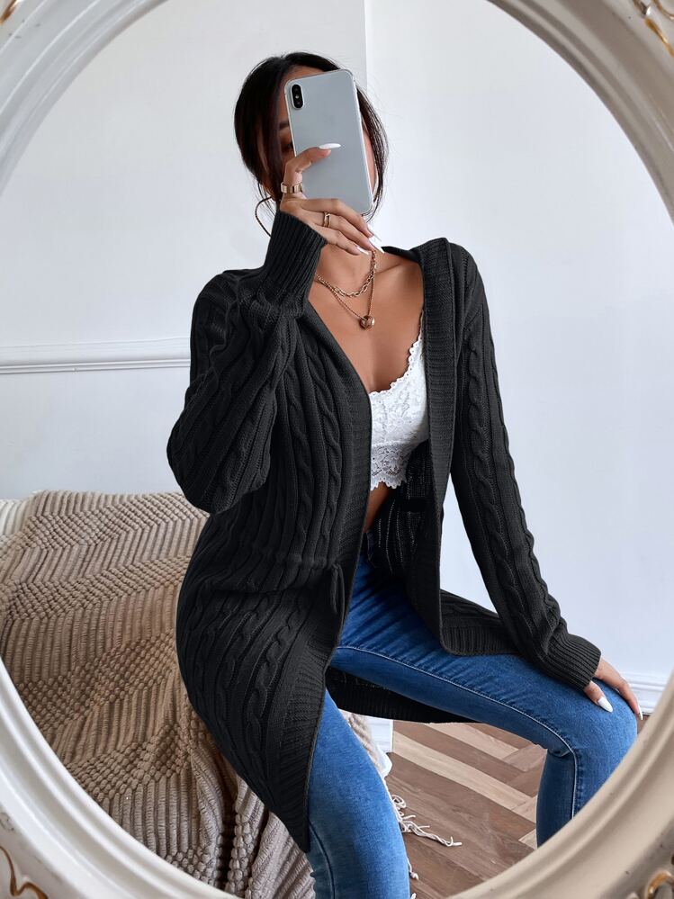 Chiquease Cárdigan con capucha y cordón, de punto de cable, manga larga - Negro - Añade 4