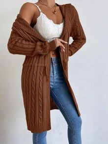 SHEIN Essnce 麻花編織抽繩連帽開襟衫 - 咖啡棕 - 查看 3