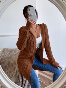 SHEIN Essnce 麻花編織抽繩連帽開襟衫 - 咖啡棕 - 查看 4