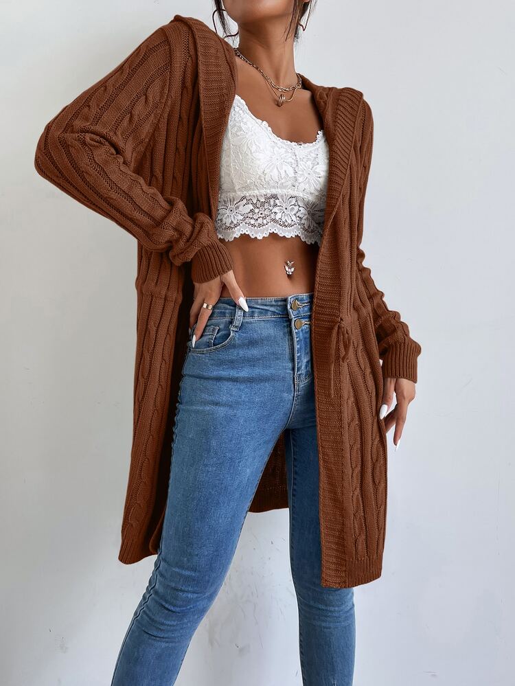 SHEIN Essnce Cable Knit Drawstring Hooded Cardigan - Coffee Brown - View 6