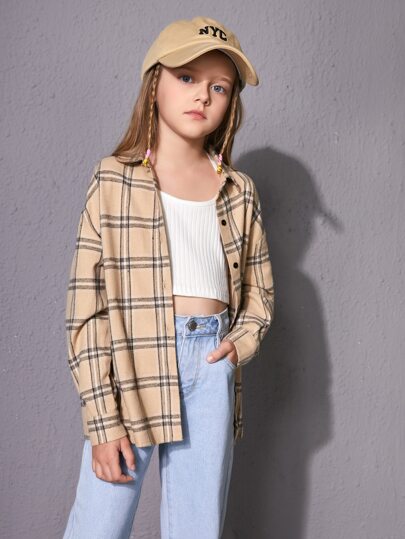 SHEIN Girls Plaid Print Drop Shoulder Blouse