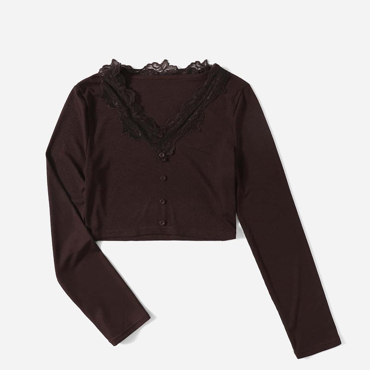 

Contrast Lace Button Crop Tee, Chocolate brown