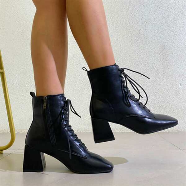 

Lace Up Design Side Zipper Chunky Boots, Black
