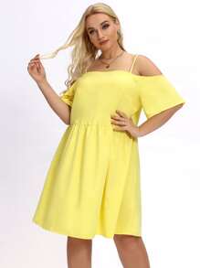 Đầm Plus Size Cắt ra màu trơn Thanh lịch - Màu vàng - Xem 1