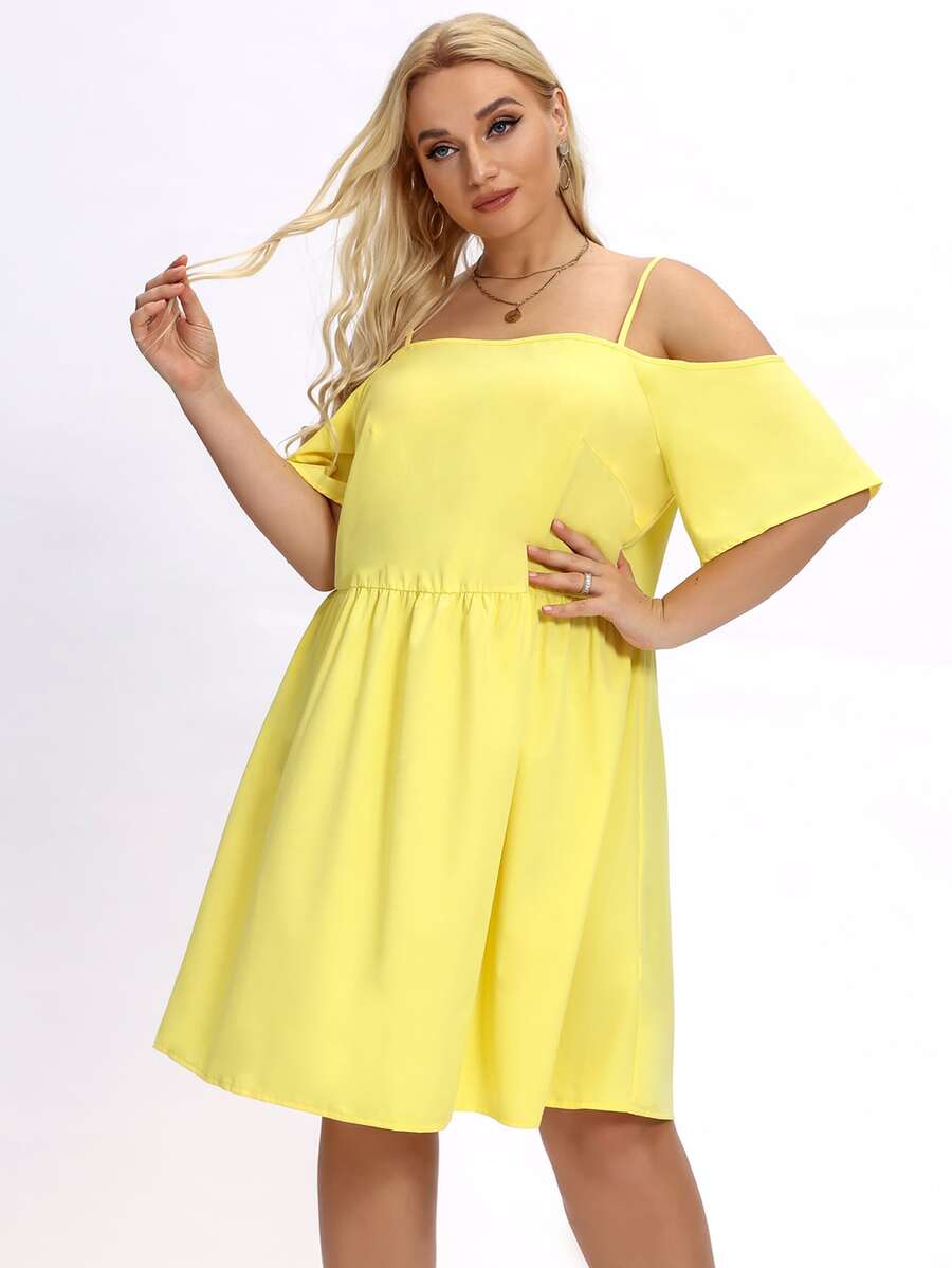 Đầm Plus Size Cắt ra màu trơn Thanh lịch - Màu vàng - Xem 1