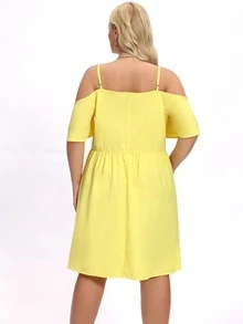 Đầm Plus Size Cắt ra màu trơn Thanh lịch - Màu vàng - Xem 2