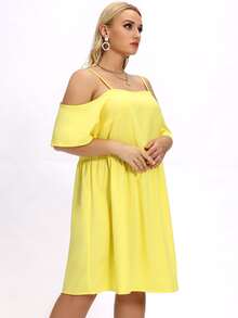 Đầm Plus Size Cắt ra màu trơn Thanh lịch - Màu vàng - Xem 3