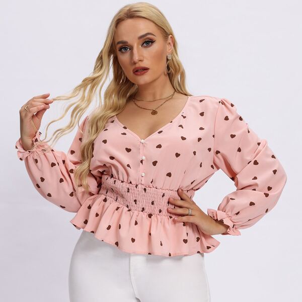 

Plus Heart Print V Neck Shirred Waist Blouse, Pink