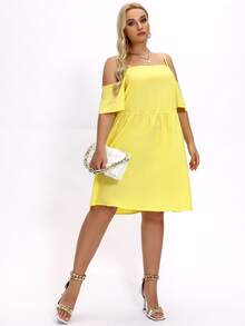 Đầm Plus Size Cắt ra màu trơn Thanh lịch - Màu vàng - Xem 5