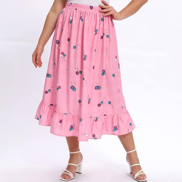 

Plus Balloon Print Ruffle Hem Skirt, Pink