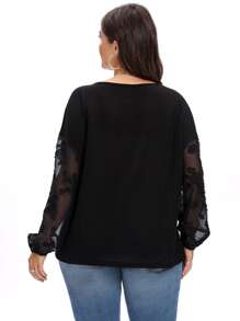 Plus Contrast Mesh Pearls Bishop Sleeve Tee - Black - View 2