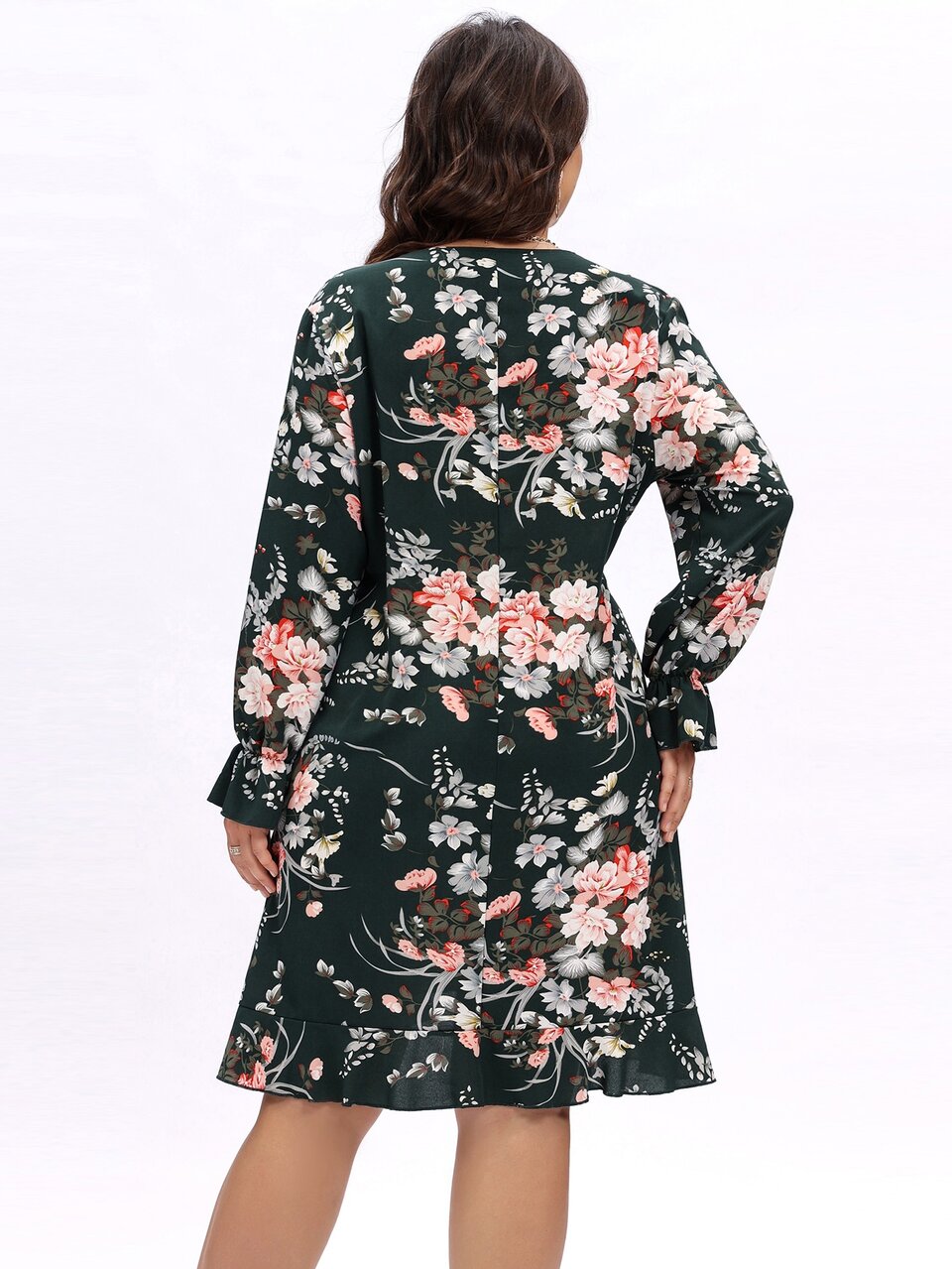 Plus Floral Print Flounce Sleeve Wrap Hem Dress