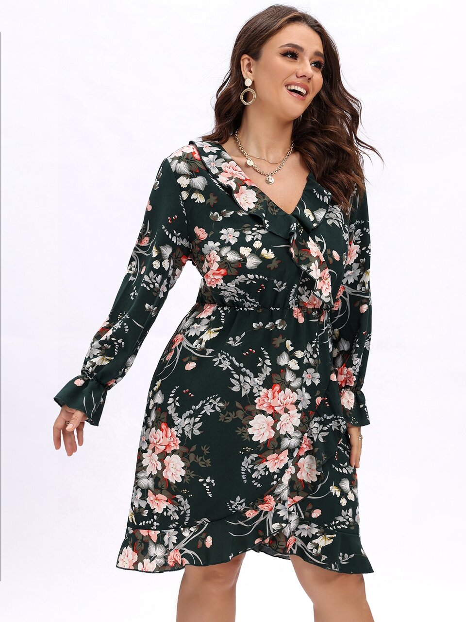Plus Floral Print Flounce Sleeve Wrap Hem Dress