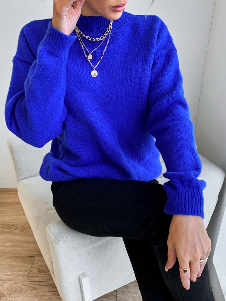 EURMUSE Solid Mock Neck Drop Shoulder Jumper - Royal Blue - View 1