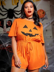 SHEIN Mono Halloween estampado de calabaza de cintura con cordón - Naranja - Ver 1