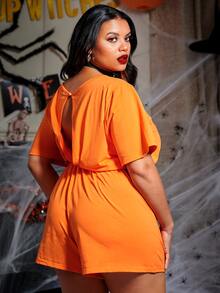 SHEIN Mono Halloween estampado de calabaza de cintura con cordón - Naranja - Ver 2