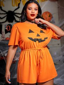 SHEIN Mono Halloween estampado de calabaza de cintura con cordón - Naranja - Ver 3
