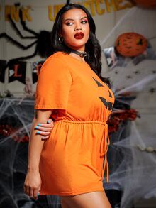 SHEIN Mono Halloween estampado de calabaza de cintura con cordón - Naranja - Ver 5