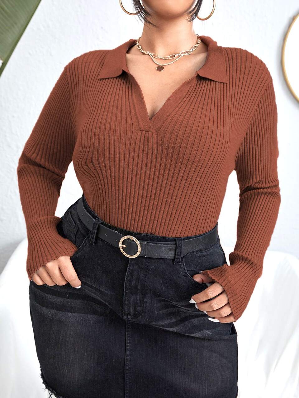 Plus Solid Notched Neck Sweater