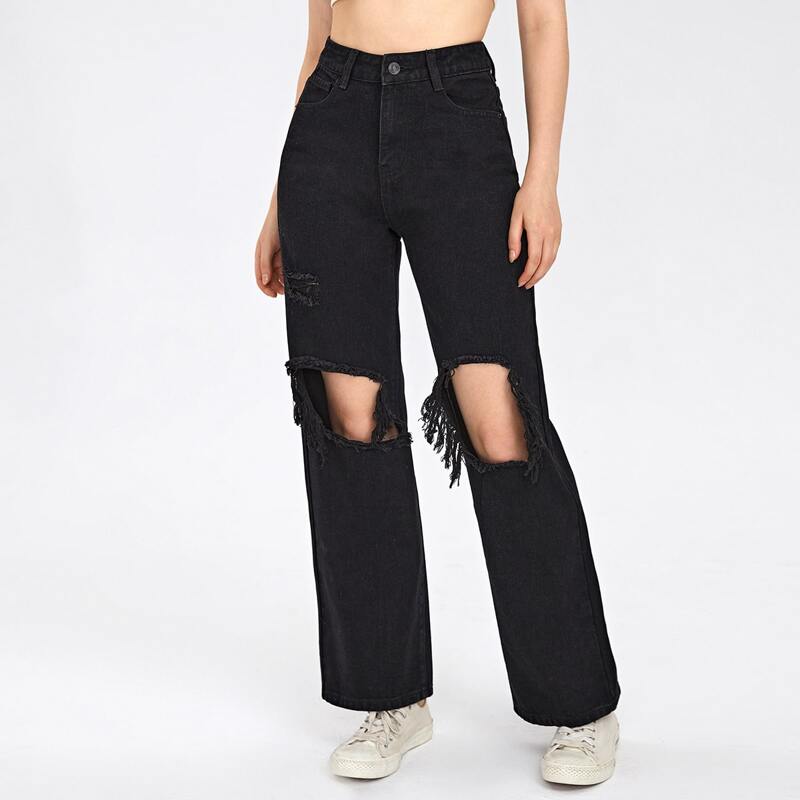 

Straight Leg Ripped Jeans, Black