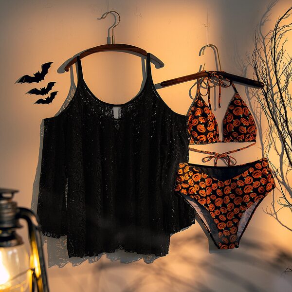 

3pack Maternity Halloween Print Halter Bikini Swimsuit & Cover Up, Multicolor
