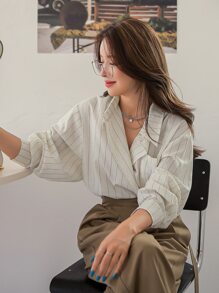 DAZY Women Casual Loose Striped Blouse, Spring & Autumn,Long Sleeve Tops,Fall Women Clothes - White - View 5