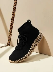 Leopard Pattern Knit Detail Sock Sneakers - Black - View 2