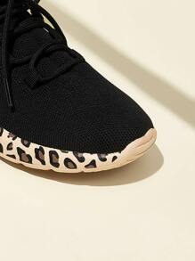 Leopard Pattern Knit Detail Sock Sneakers - Black - View 3