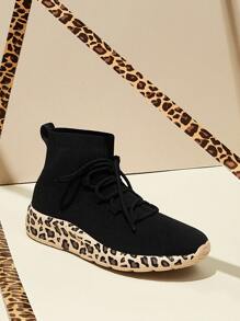 Leopard Pattern Knit Detail Sock Sneakers - Black - View 4