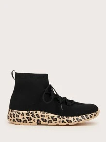 Leopard Pattern Knit Detail Sock Sneakers - Black - View 5