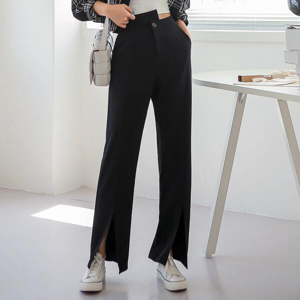 

Asymmetric Waist Slit Hem Solid Pants, Black