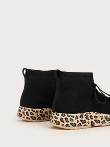 Leopard Pattern Knit Detail Sock Sneakers - Black - View 7
