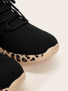 Leopard Pattern Knit Detail Sock Sneakers - Black - View 8