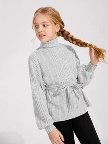 SHEIN 女孩高領腰帶羅紋針織T恤 - 淺灰色 - 查看 1