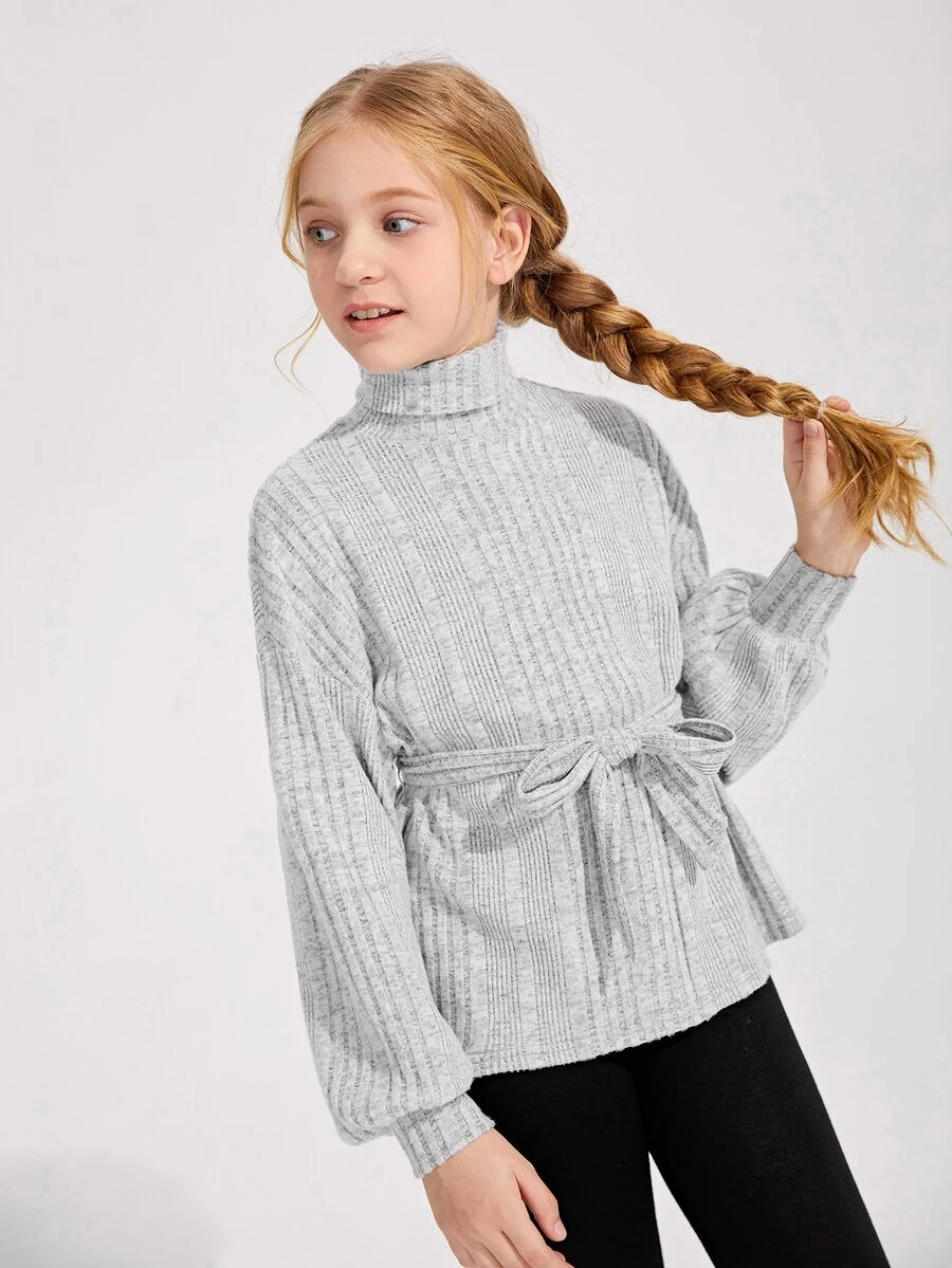 SHEIN 女孩高領腰帶羅紋針織T恤 - 淺灰色 - 查看 1