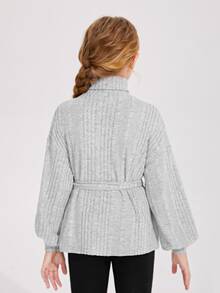 SHEIN 女孩高領腰帶羅紋針織T恤 - 淺灰色 - 查看 2