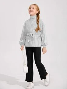 SHEIN 女孩高領腰帶羅紋針織T恤 - 淺灰色 - 查看 3